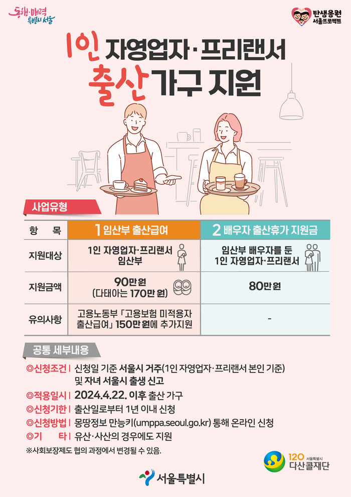 2024 서울시 1인 자영업자 프리랜서 출산휴가 지원금 | 임신 출산급여 신청방법 가입 대상